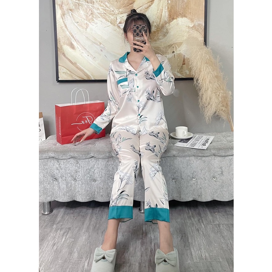 Bộ mặc nhà Pyjama lụa cao cấp Tea Store tay dài quần dài họa tiết hoa xanh | BigBuy360 - bigbuy360.vn