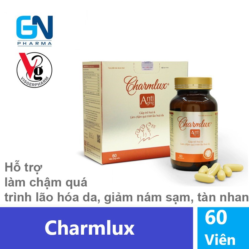 Charmlux - Hỗ trợ làm chậm quá trình lão hóa da, cải thiện da trùng nhão, kém đàn hồi, nếp nhăn (Hộp 60 Viên)