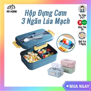 Hộp cơm trưa văn phòng anhome, hộp đựng cơm 3 ngăn lúa mạch kèm muỗng đũa