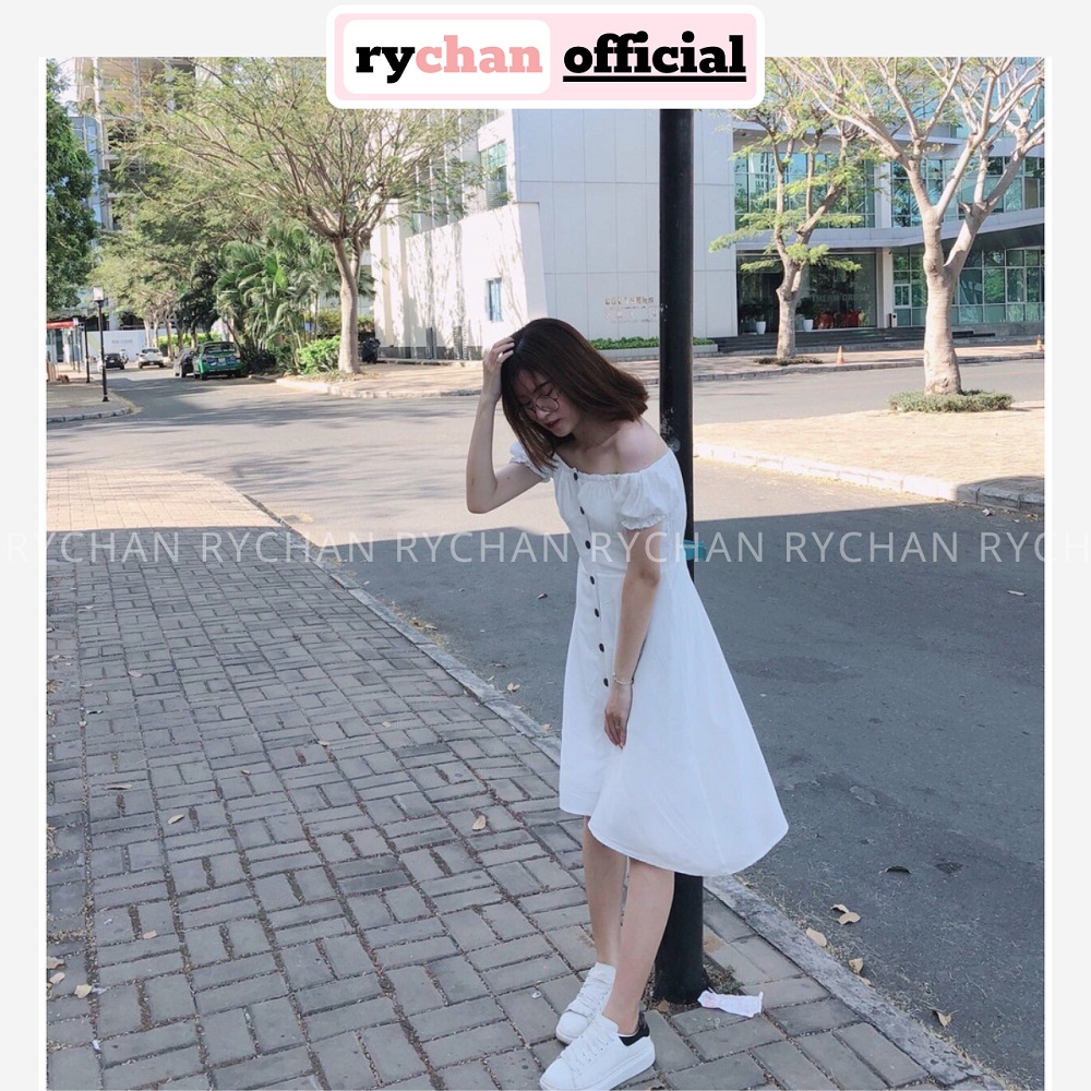 DX386 - Đầm Xòe Sơ Mi Trễ Vai Trắng Xinh Xắn