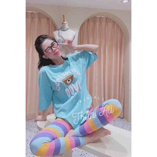 Set áo gấu quần sọc màu