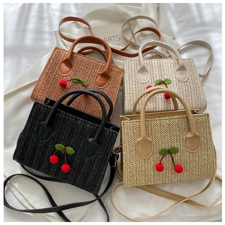 Túi Xách JASMIN NOIR Nữ Đan Rơm Đính Quả Cherry Dễ Thương