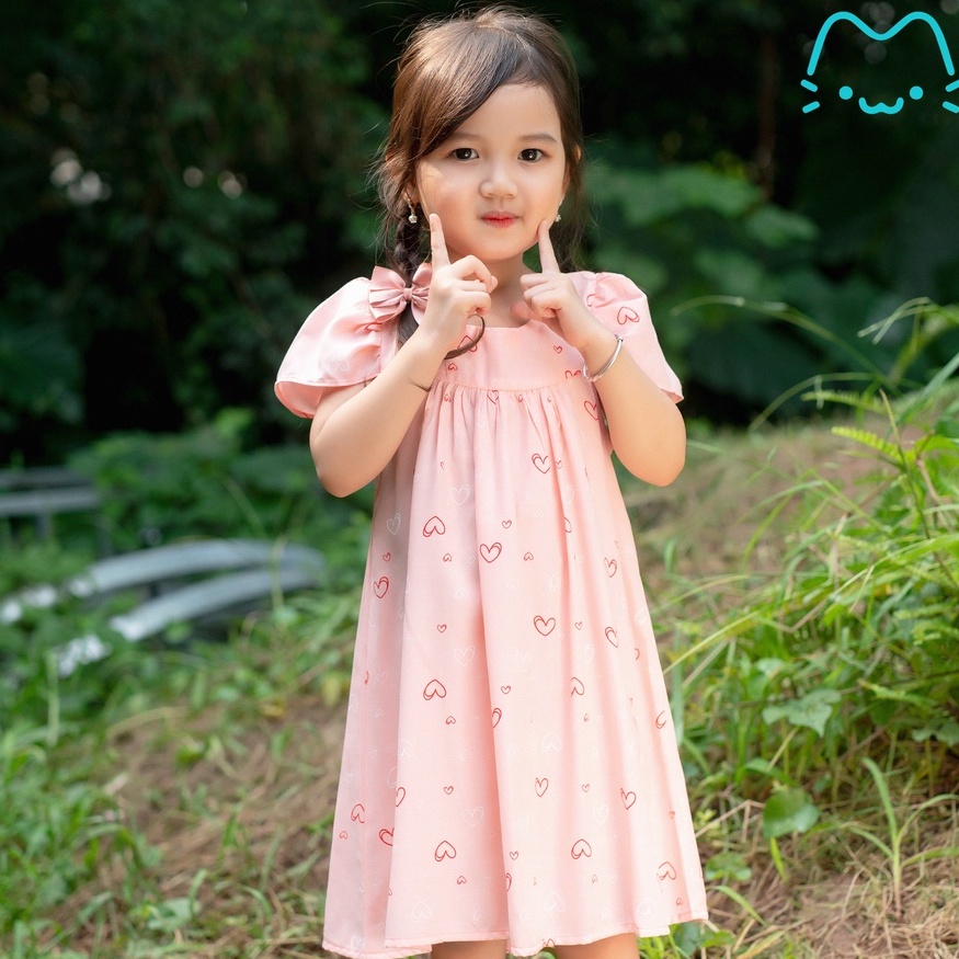 Đầm cho bé gái babydoll đũi tằm 1-6 tuổi họa tiết trái tim màu hồng MonBabies VL03