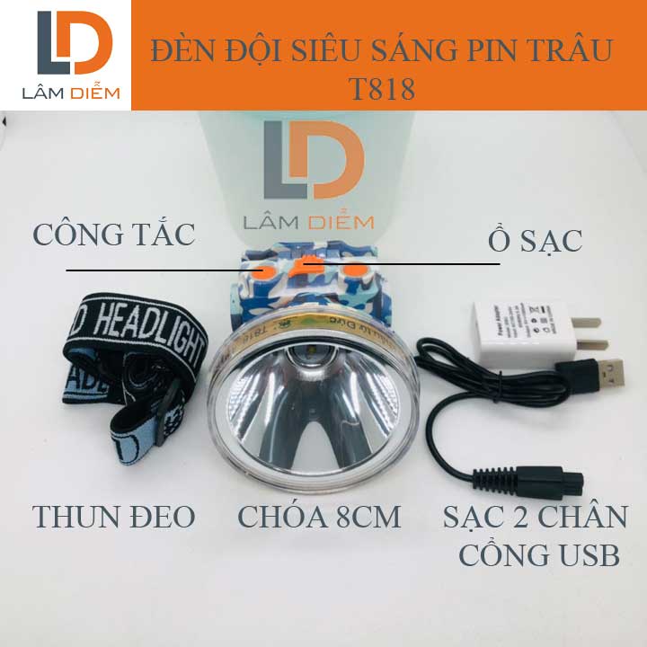 ĐÈN PIN SẠC ĐỘI ĐẦU PIN SẠC CHỐNG NƯỚC PIN TRÂU T818-812