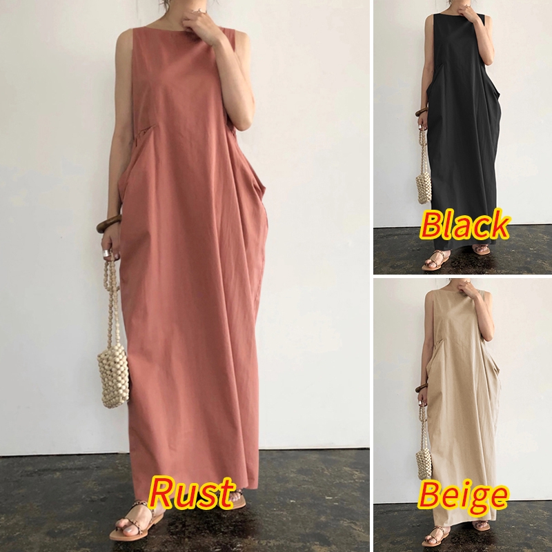 ZANZEA Đầm maxi dài cổ tròn không tay có túi bên dành cho nữ