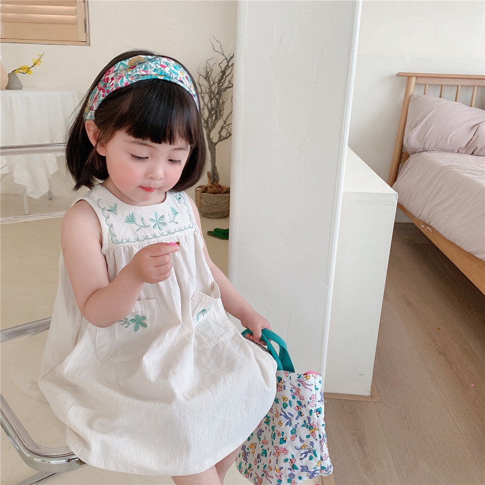 Đầm Ngắn Không Tay Thêu Họa Tiết Dễ Thương Phong Cách Dân Tộc Thời Trang Mùa Hè Cho Bé Gái
