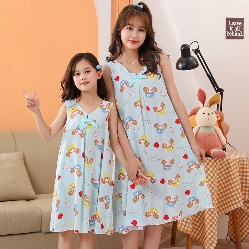 Đầm Dài Không Tay Họa Tiết Hoạt Hình Thoáng Khí Dành Cho Mẹ Và Bé Size 100-xl
