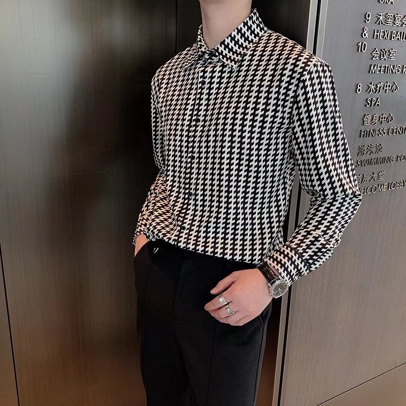 Áo Sơ Mi Nam Dài Tay Họa Tiết Caro Trắng Đen Thời Trang