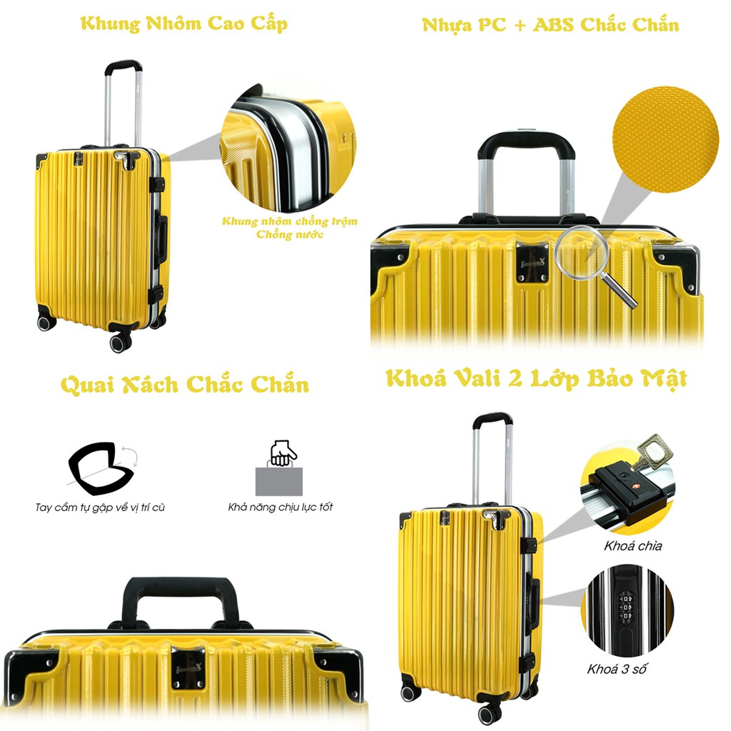 Vali nhựa khung nhôm nắp gập immaX 20 size 20inch xách tay lên máy bay bảo hành 3 năm, 1 đổi 1 trong 12 tháng