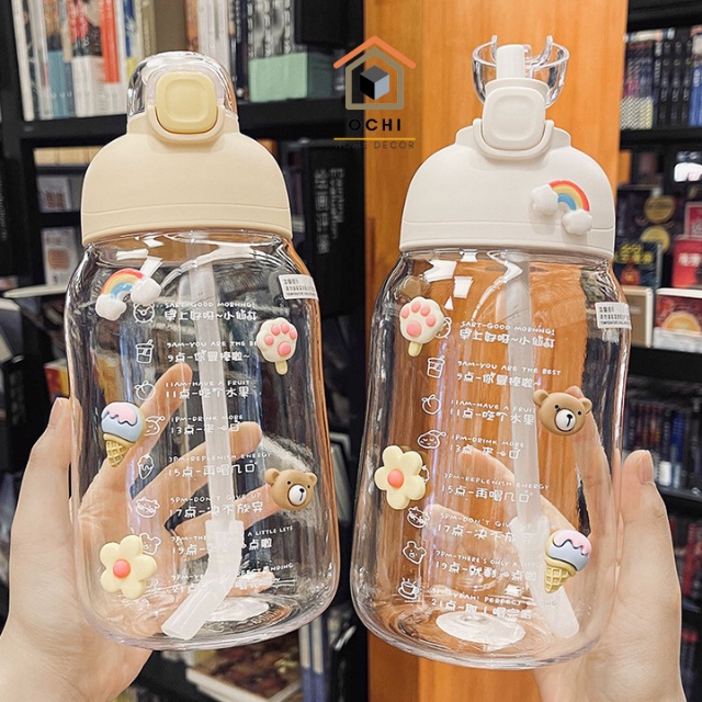 Bình nước có ống hút sticker 3D có vạch báo giờ (hàng loại 1)