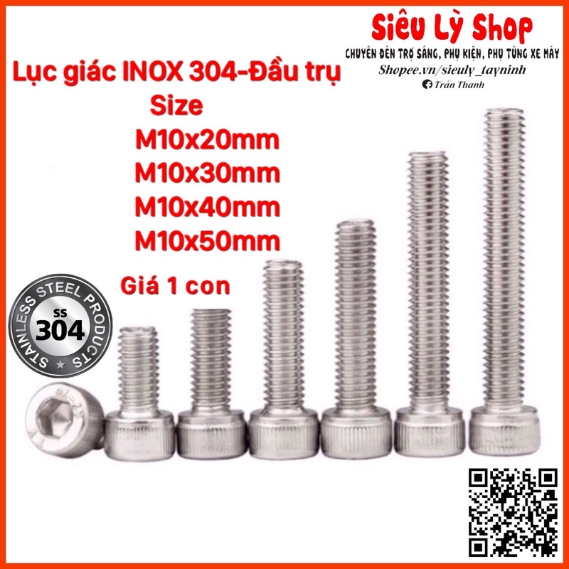 Bulong Ốc lục giác INOX 304 - M10 Đầu trụ