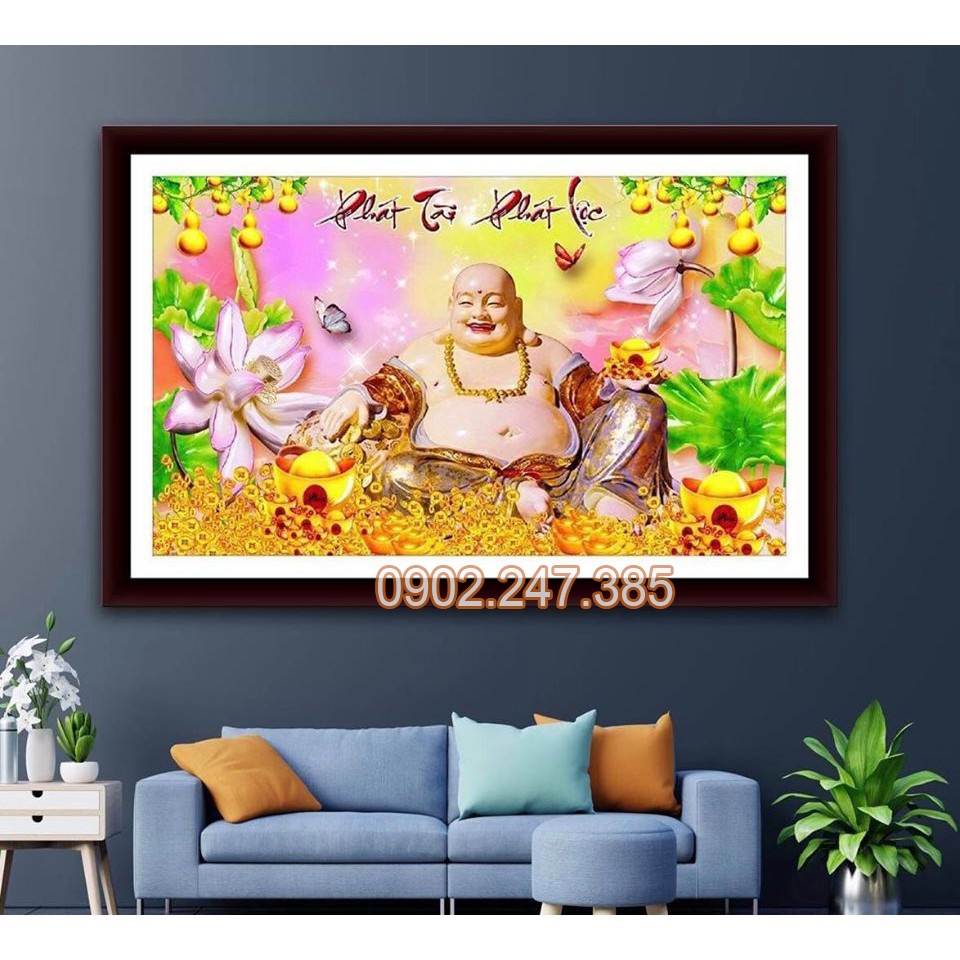 Tranh đính đá phật di lạc phát tài phát lộc Kt:100x65cm. Tranh gắn đá chưa gắn.