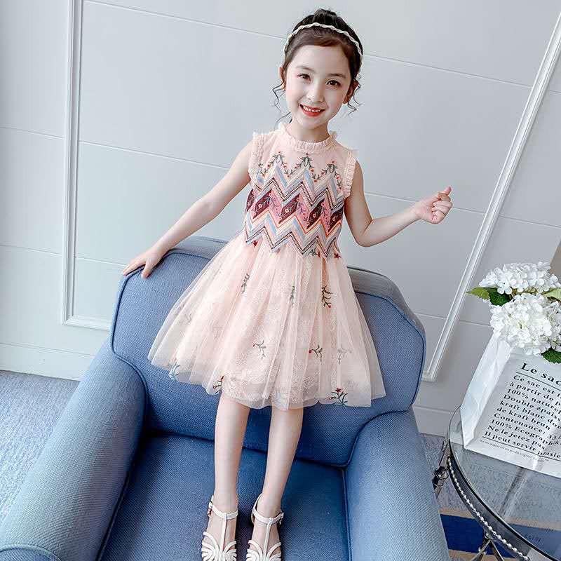 (C078)Váy bé gái không tay cổ tròn cải bèo váy lưới mềm đẹp họa tiết thêu xinh động dể thương chất liệu mềm mát mẫu mới