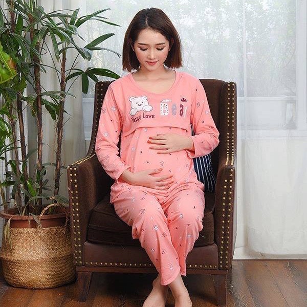 Bộ đồ bầu và sau sinh GẤU DÀI TAY chất cotton cho mẹ 45 - 65kg quần có chun chỉnh bụng