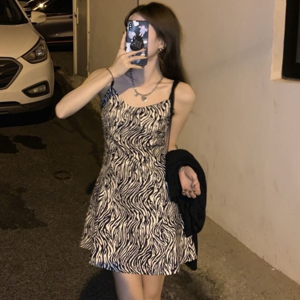 Bộ Áo Khoác Cardigan + Đầm Hai Dây Họa Tiết Ngựa Vằn Thời Trang Mùa Hè Dành Cho Nữ