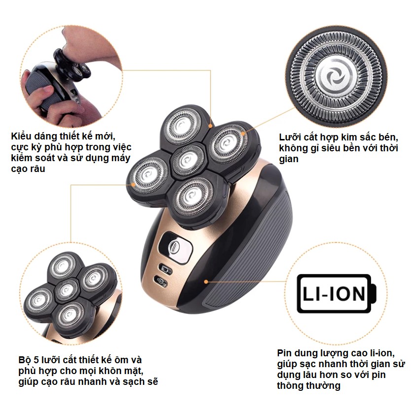 Máy Cạo Râu Cao Cấp Đa Năng 4D 5in1 - Cạo Râu. Cắt Tỉa Lông Mũi, Massage Da Mặt, Chống Thấm Nước Cao Cấp, Bảo Hành 6T