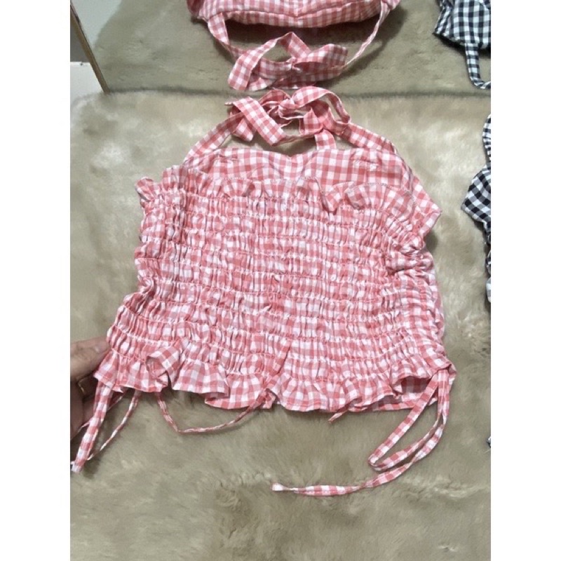 Áo croptop nữ kiểu cột nơ rút dây ca rô siêu hót (có mút ngực)