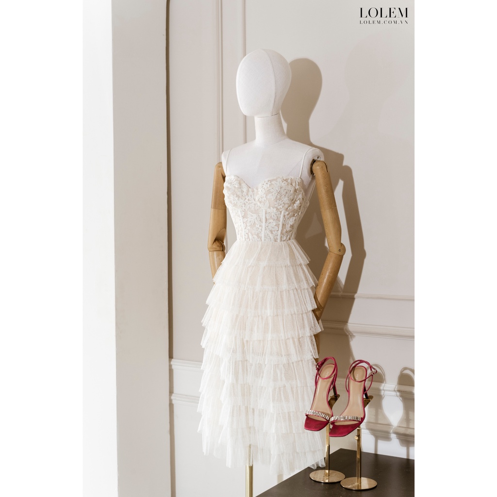 Đầm ren dự tiệc LOLEM DX331 thiết kế hai dây phối lưới tầng form corset