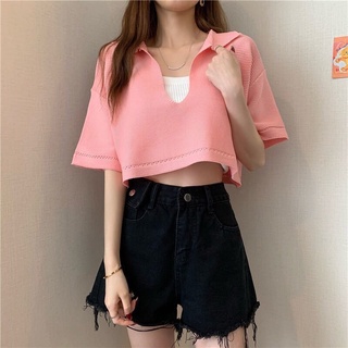 💥Áo len croptop cộc tay cổ bẻ dáng thụng