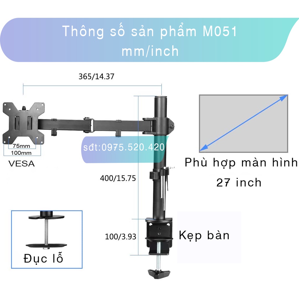 XL03 - Giá treo màn hình máy tính - Tay Đỡ Màn Hình Kẹp thành bàn [Màn hình 17 - 27 inch] [ Rẻ Hơn NB F80 H80 F100A]