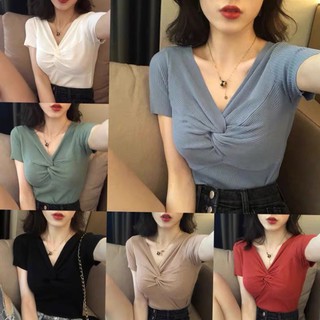 MS071 Áo len tăm cộc tay xoắn ngực