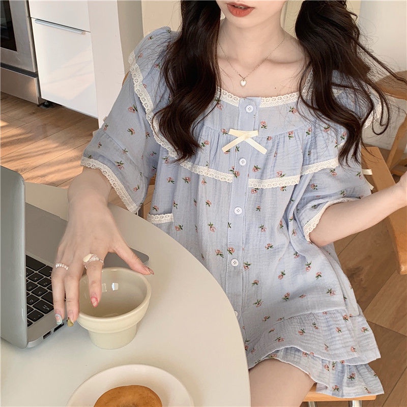 Bộ Đồ Ngủ Ngắn Tay Họa Tiết Hoa Thời Trang Mùa Hè Cho Nữ