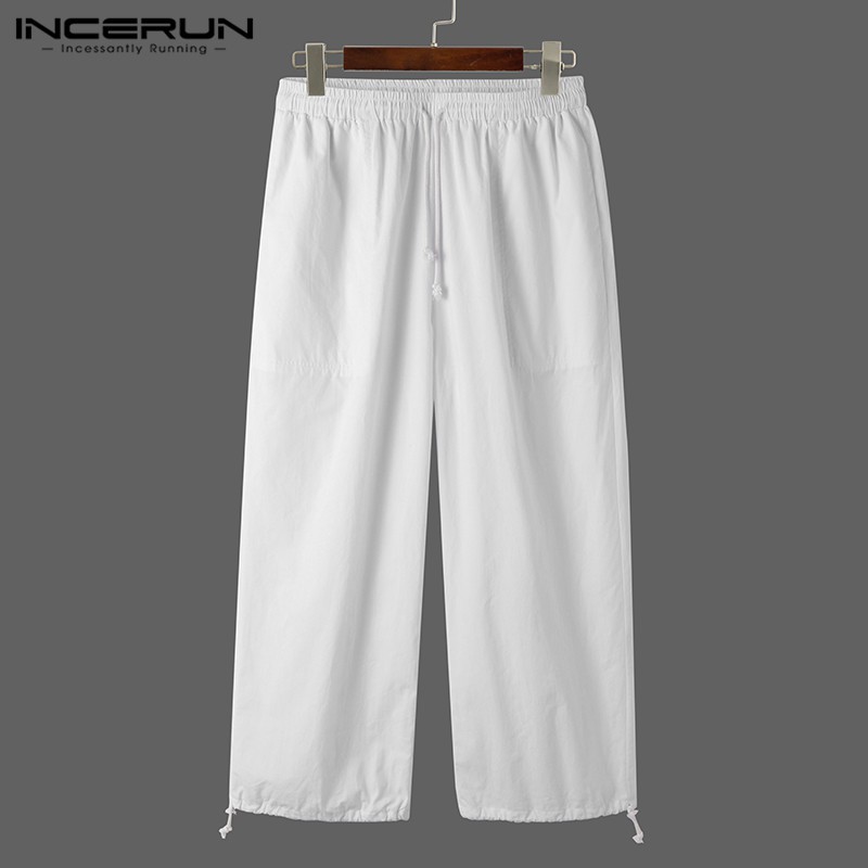 Quần Dài INCERUN Ống Rộng Lưng Thun Màu Trơn Dây Rút Cá Tính Cho Nam