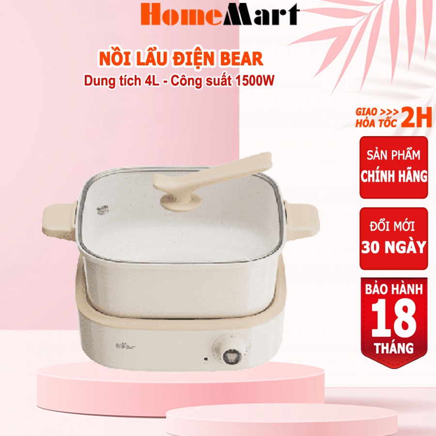 Nồi lẩu điện đa năng Bear dung tích 4L 1500W, nồi điện đa năng chống dính cao cấp, HomeMart – Hàng chính hãng BH 18T