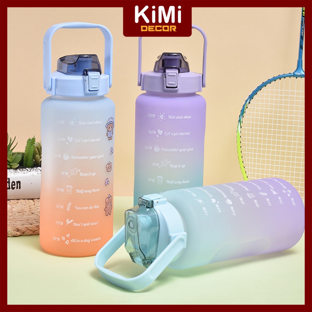 BÌNH NƯỚC 2L Nhắc Nhở Uống Nước Mỗi Ngày Nhiều Màu Chơi Thể Thao - Tặng Kèm Ống Hút, Sticker Dán