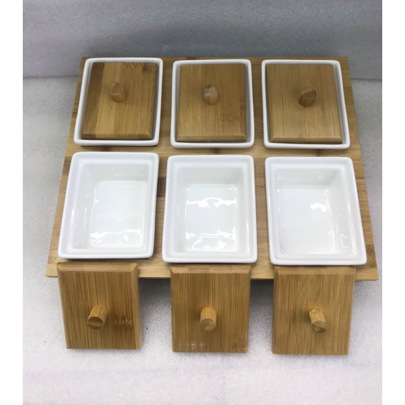 Khay đựng mứt sứ trắng 6 ngăn nắp gỗ và khay gỗ - Phong cách Nhật Bản