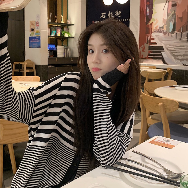 Áo Khoác Cardigan Dệt Kim Tay Dài Cổ Chữ V Hoạ Tiết Kẻ Sọc Cho Phái Nữ