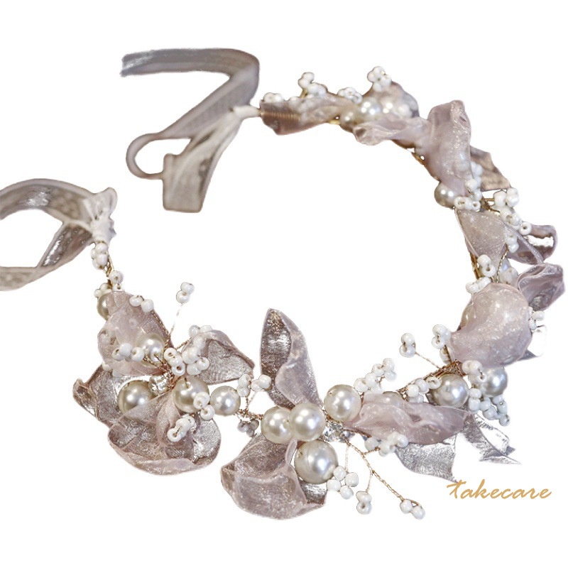 Elegant Pearl Headband Pink Flower Sweet Bridal Wedding Hairwear Charming Jewelry Gifts for Women