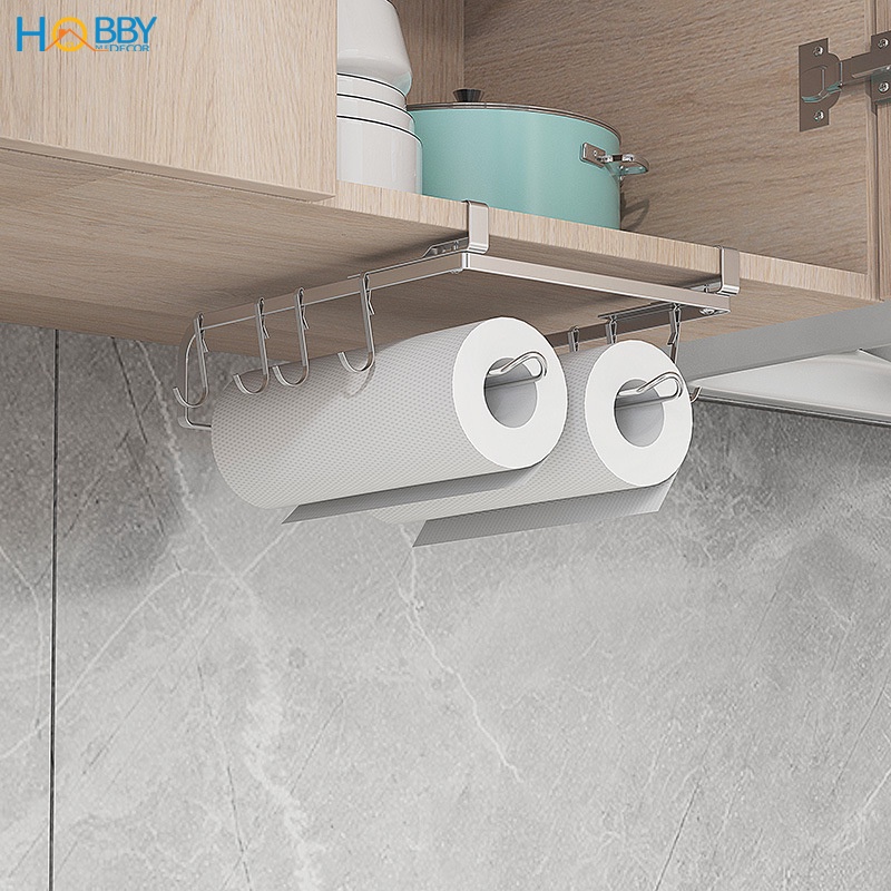 Giá treo 2 cuộn giấy lau bếp, đồ bếp gắn thành tủ bếp Hobby Home Decor NVTG - kèm 8 móc treo đồ Inox 304