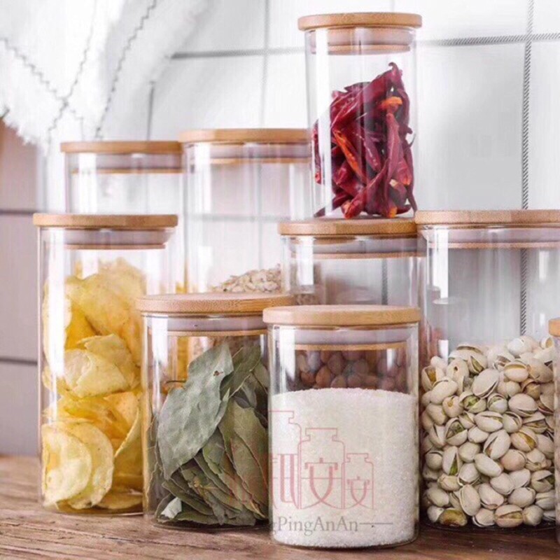 hũ thủy tinh có nắp đậy gỗ bảo quản thức ăn gia vị hương liệu