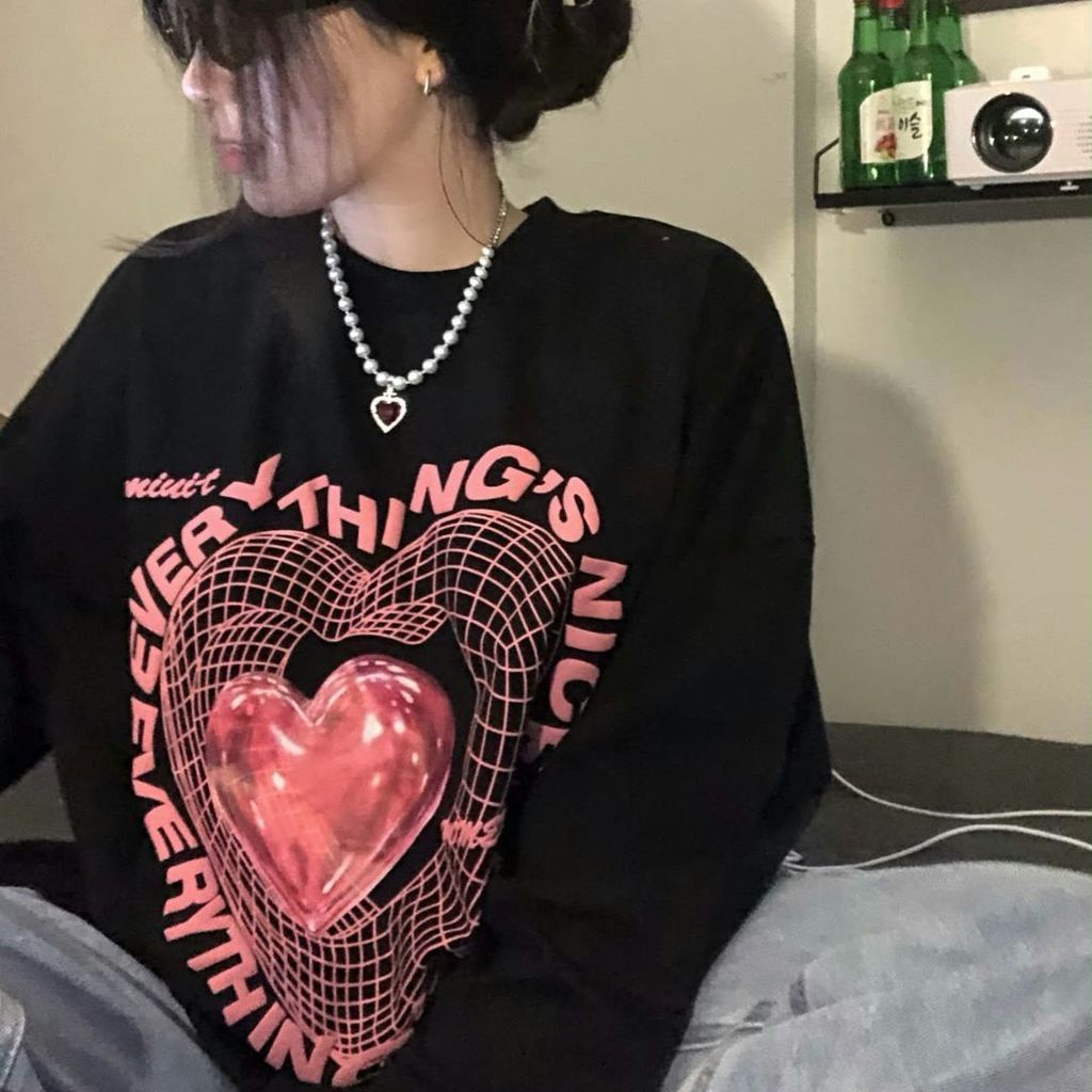 Áo thun sweater tay dài in hình trái tim thời trang xuân thu