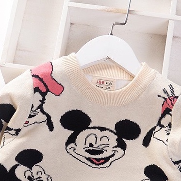 Áo len cho bé gái 2 lớp hình Mickey và Donal, Áo len trẻ em 2-7 tuổi xuất Hàn đanh sợi không bai xù