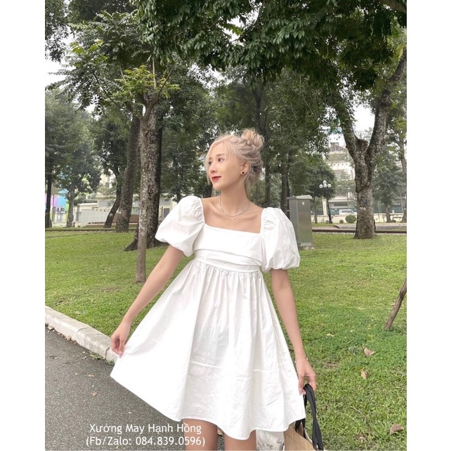 Váy babydoll cổ vuông thắt nơ lưng đi biển
