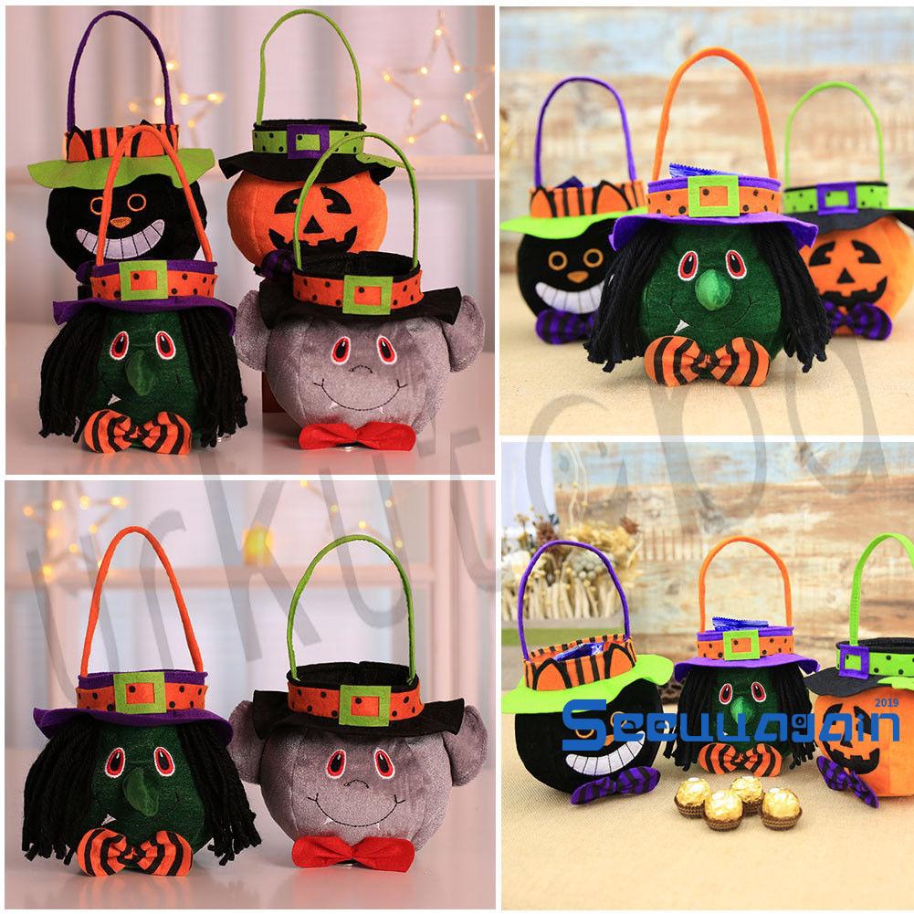 Phụ kiện giỏ diy hoạ tiết mèo đen/phù thuỷ/bí ngô để đựng kẹo halloween