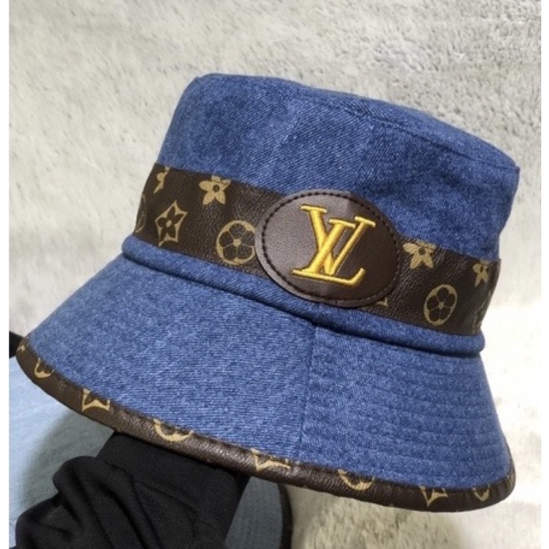 Non bucket nam nữ, bo cụp jeans mềm, viền da in logo L unisex