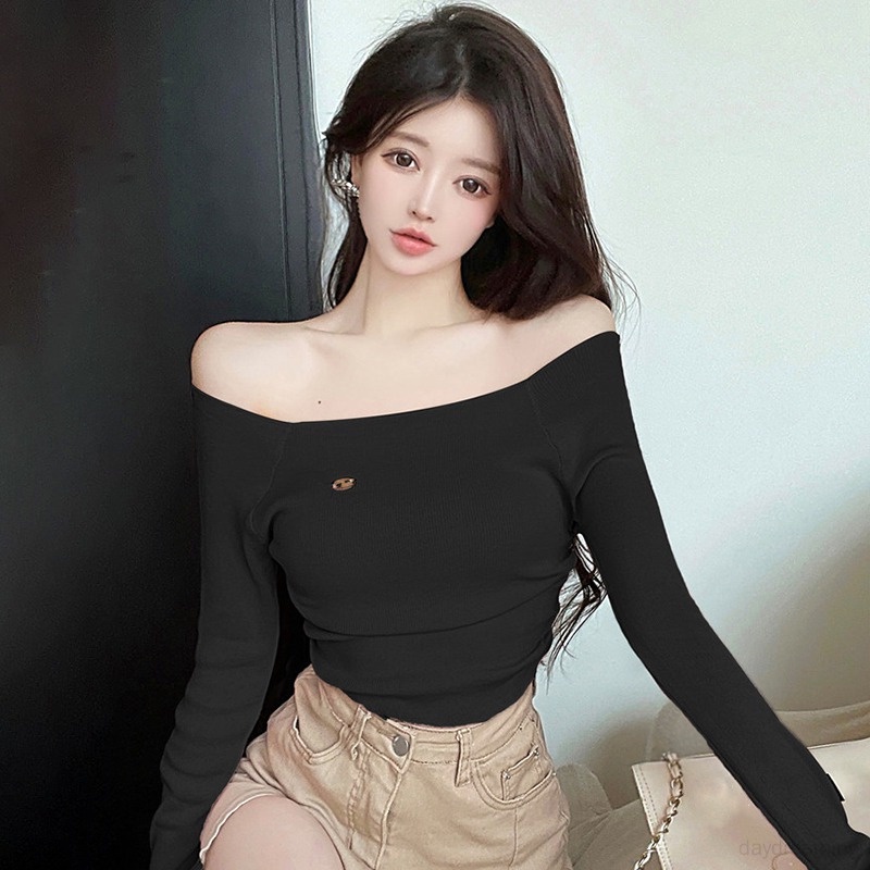 Áo Croptop Dệt Kim Tay Dài Màu Sắc Thanh Lịch