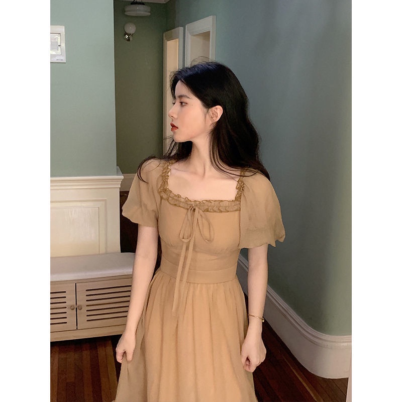 Summer classic French style waist-hugging dress for women