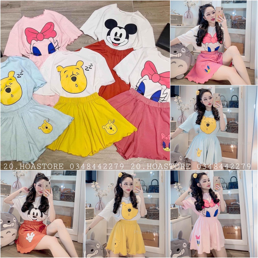 SET BỘ NGỦ VIỀN BÈO HOẠT HÌNH GẤU - VỊT - CHUỘT MICKEY MIX QUẦN ĐÙI GIẢ VÁY ULZZANG NHIỀU MÀU