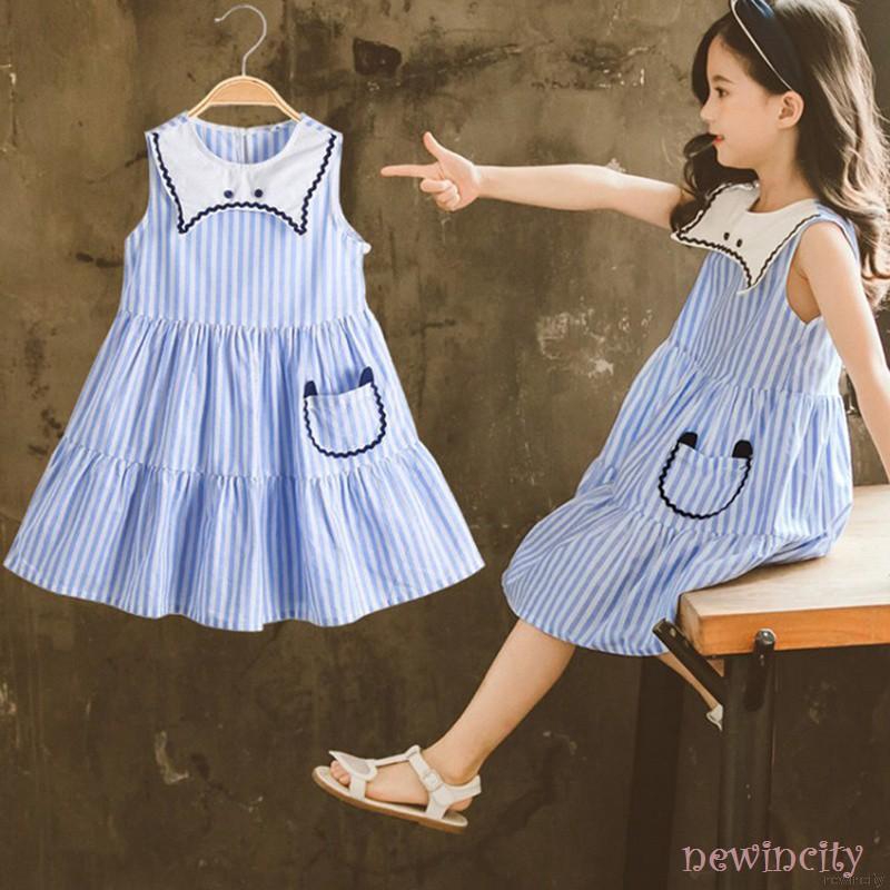 Đầm không tay họa tiết sọc thời trang cho bé gái