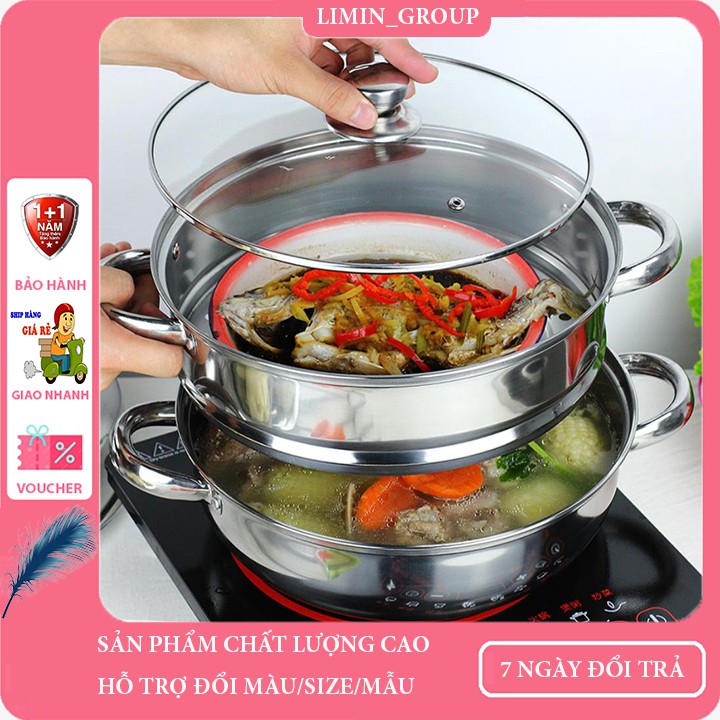 Nồi Hấp inox 2 tầng đa năng loại 28cm dùng cho cả bếp từ và bếp ga