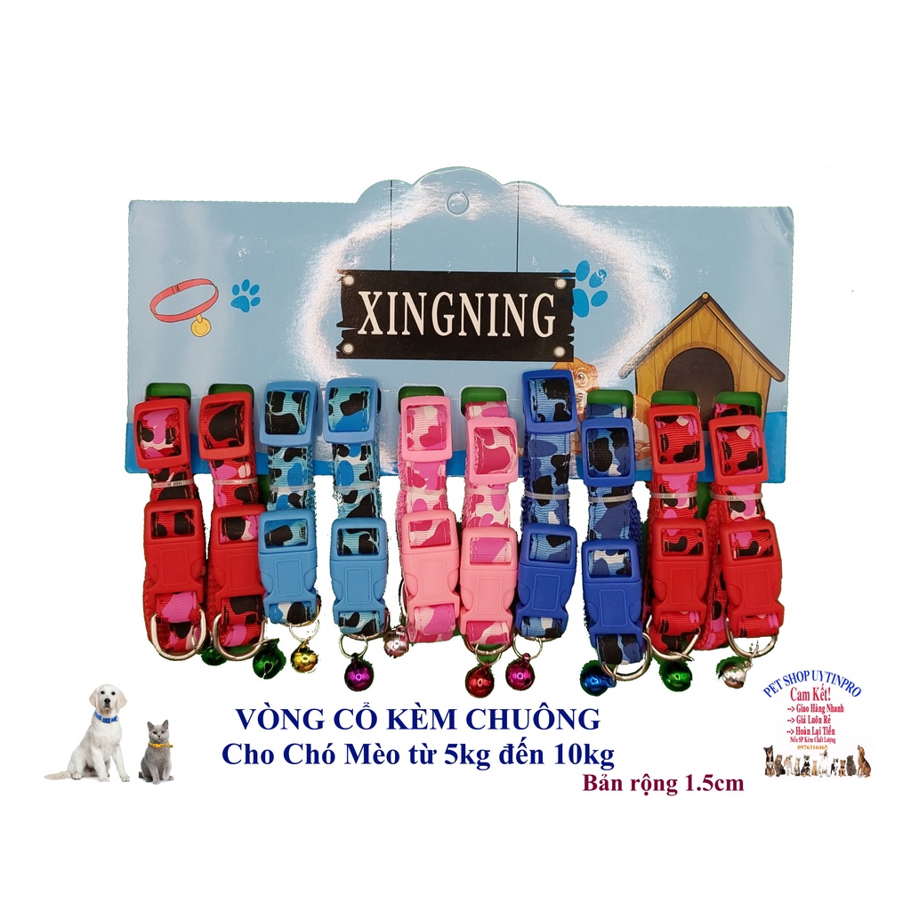 Vòng cổ kèm chuông cho Chó Mèo Từ 5kg đến 10kg Bản rông 1.5cm In ĐỐM RẰN RI Chất liệu dù chắc chắn Có thể điều chỉnh