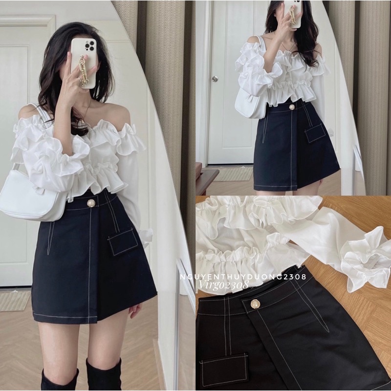 SET ÁO TRỄ VAI BÈO MIX CHÂN VÁY JEANS CHỈ NỔI 1612
