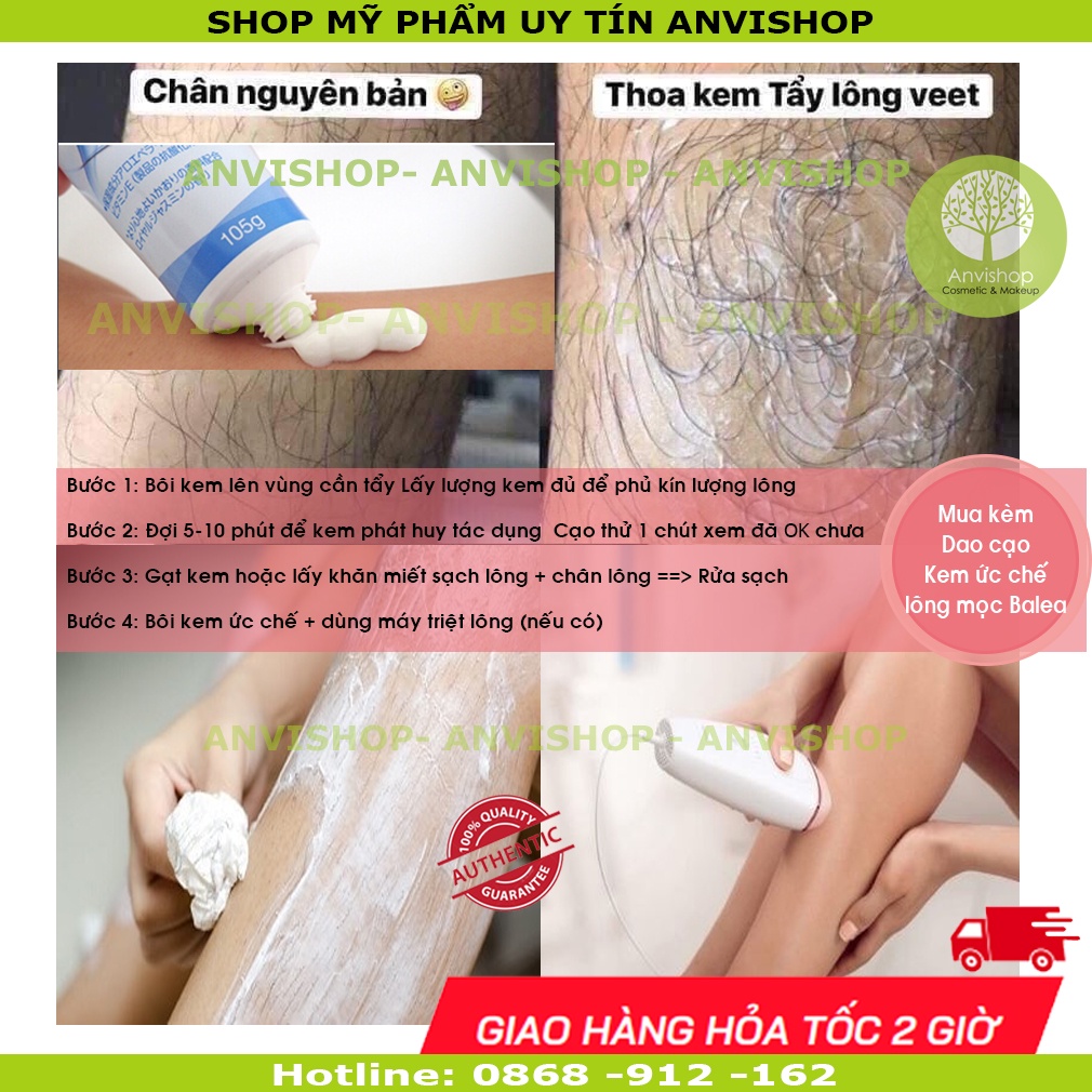 Kem Tẩy Lông nách, tẩy lông vùng kín, tẩy lông chân Veet Hair Removal Cream 100ml Anvishop