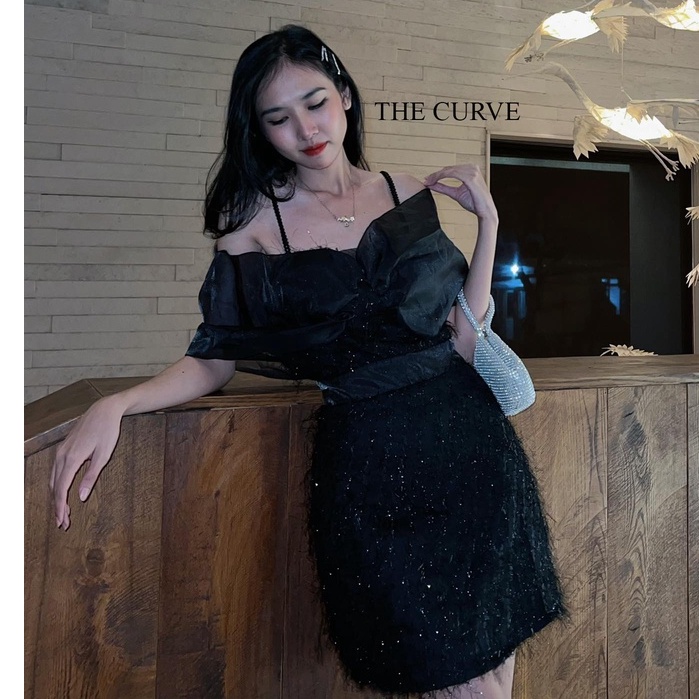 Đầm Dự Tiệc 2 Dây Trễ Vai Nơ Lưng Lông Ánh Kim, Váy Nữ Thiết Kế Sang Trọng Rớt Tà Tay, Đi Chơi