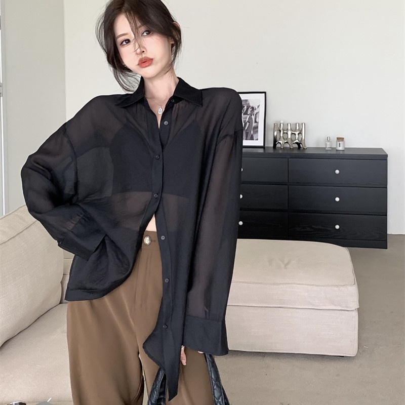 Áo Sơ Mi Voan Mỏng Tay Dài Xuyên Thấu Thời Trang Mùa Hè Cho Nữ