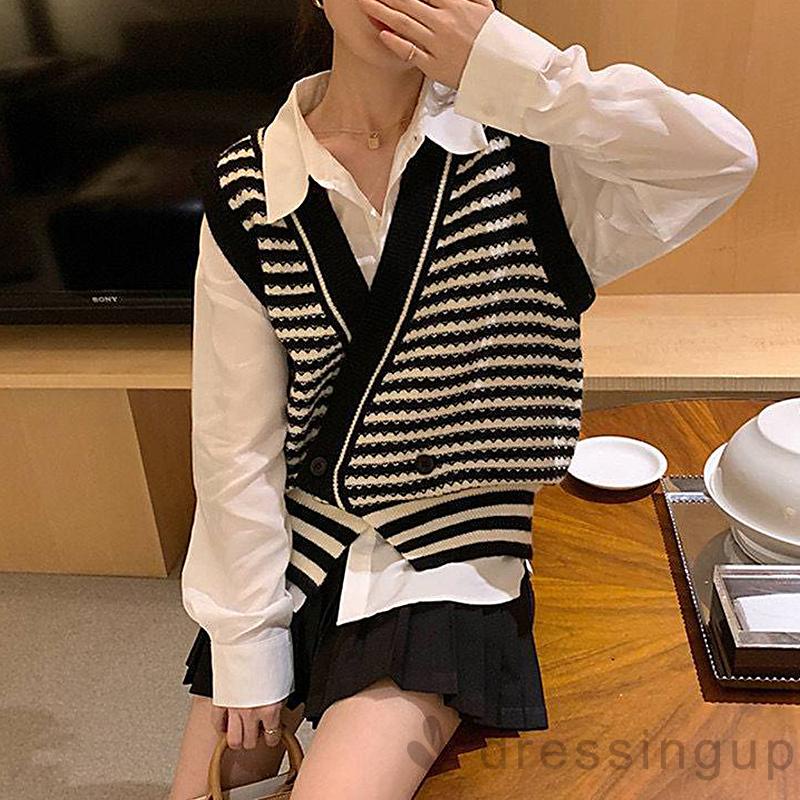Áo dệt kim không tay cổ chữ V họa tiết kẻ sọc màu sắc thời trang mùa thu cho nữ